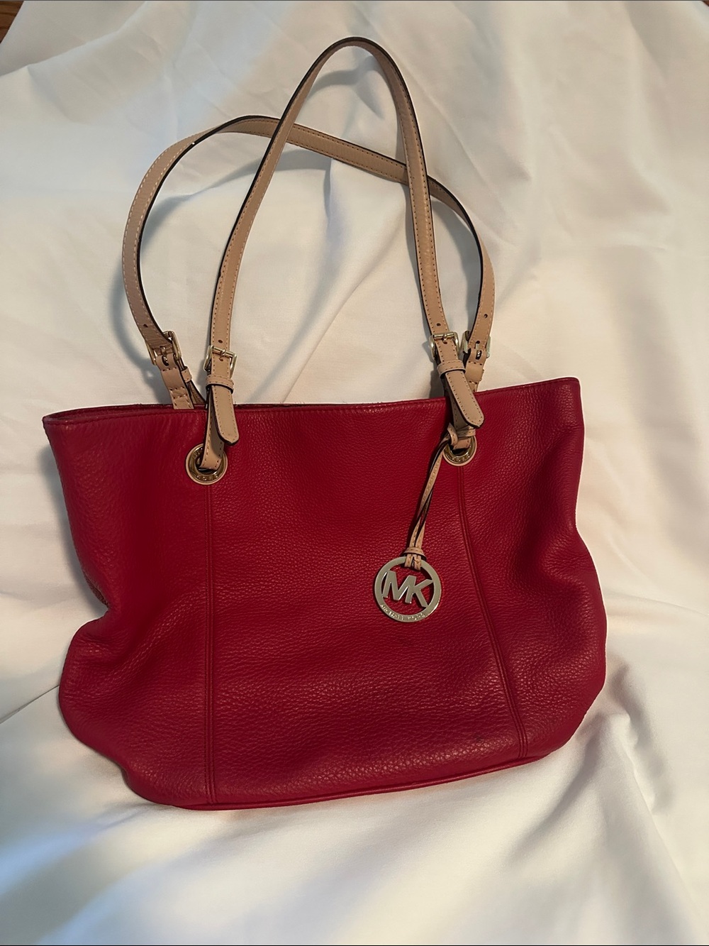 Michael Kors Red Leather Tote with Tan Shoulder Straps